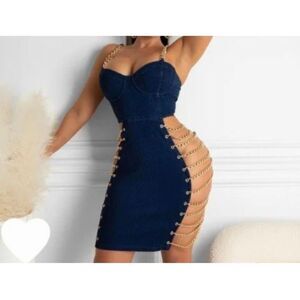 miss 8 women’s dark denim fitted dress with gold chain details s/M